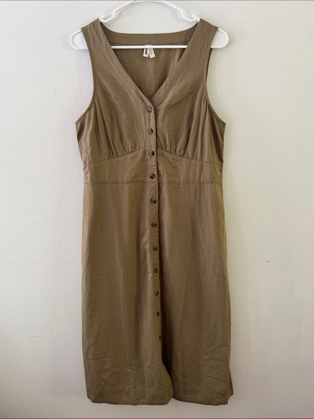 Pact Khaki Green Canopy Linen-Blend Button-Front Dress Sz M